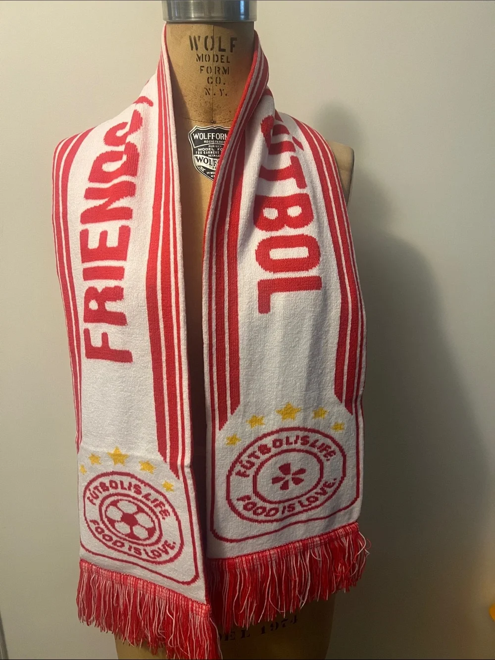 Red 'Friends, Food Football' Knit Scarf NWOT (Soccer) #worldcup